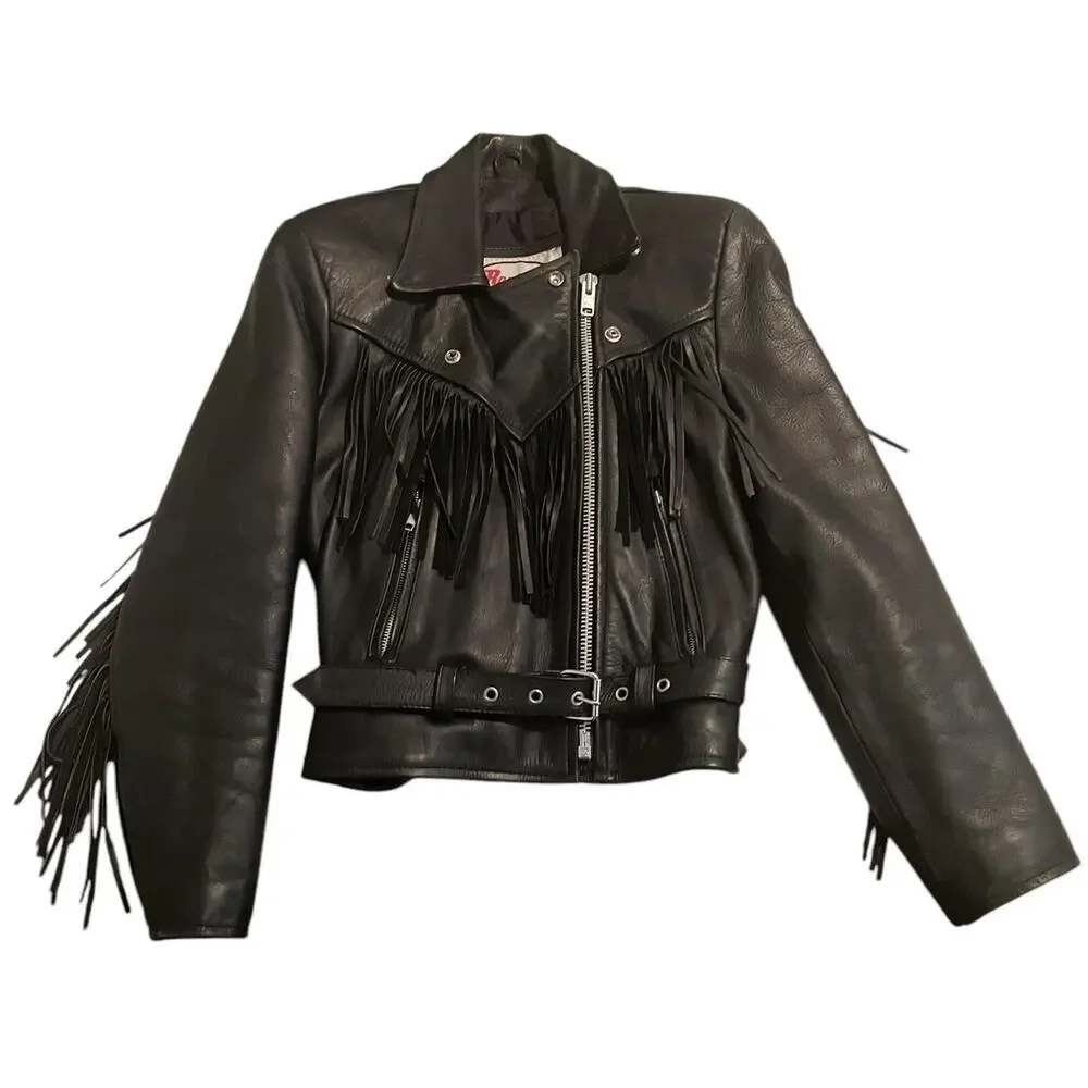 Black fringe vintage route 66 leather jacket - Picture 1 of 7